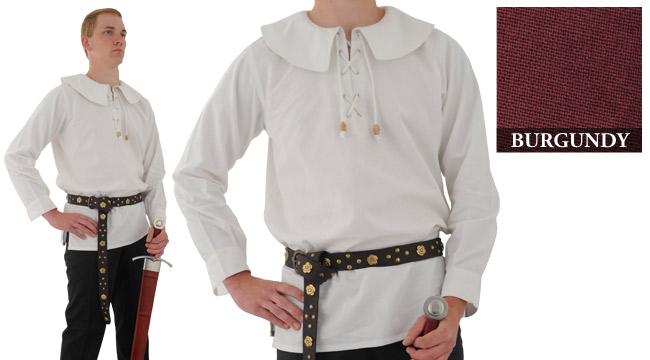 Cotton Shirt, Large Round Collar, Burgundy