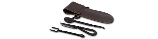 Spoon, Fork, Knife w/Leather Pouch, Blackened Stainless