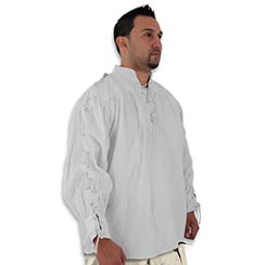 Cotton Shirt, Collarless, Laced Neck&Sleeves, White