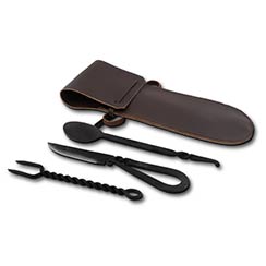 Spoon, Fork, Knife w/Leather Pouch, Blackened Stainless
